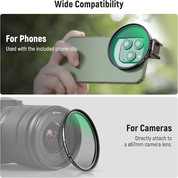 NEEWER 67mm 1/4 Black Diffusion Filter & Cold Shoe Phone Clip, Pouch & Lens - Image 7