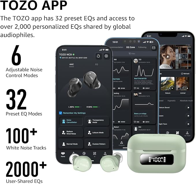 TOZO NC9 Hybrid Active Noise Cancelling Wireless Earbuds, 60H, LED Display | 6 Mic ENC Clear Calls, Deep Bass Sound, IPX8, in Ear Bluetooth 5.3 Headphones,32 EQs via APP, Comfort Fit Ear Buds, Green - Image 6