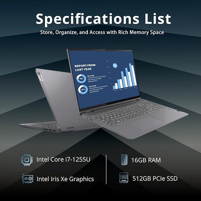 Lenovo IdeaPad Flex 5 16"" 2-in-1 2.5K IPS Touchscreen Laptop, Intel Core i7-1255U, 16GB RAM, 512GB SSD, Backlit Keyboard, Fingerprint Reader, Win 11 Pro, Storm Grey, 32GB Hotface USB Card, Gray - Image 2