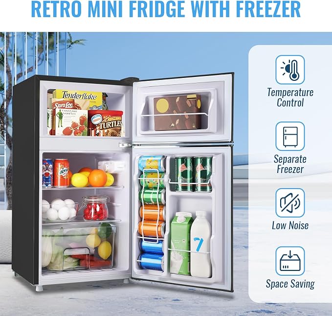 3.5 Cu.Ft Retro Mini Fridge with Handle Compact Refrigerator Black | Dual Door Refrigerator with Freezer 7 Gears Temperature Control Ideal for Bedroom Dorm Office - Image 4