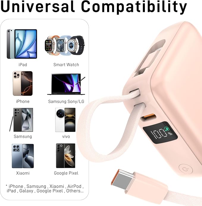 VINKO 10000mAh Power Bank Built-in Cables, Fast Charging with LED Display, Small Travel Battery Pack with Cords, Airplane Travel Essentials,Portable Phone Charger for iPhone 17 Smart Devcies(Pink) - Image 7