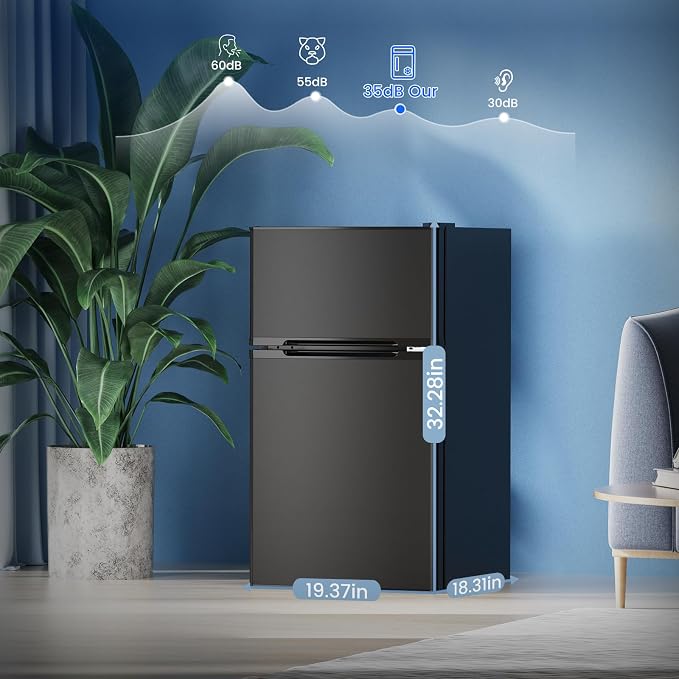 Electactic 3.2 Cu.Ft Mini Fridge with Freezer for Bedroom, Office, Black | 2 Reversible Doors, Adjustable Thermostat & Removable Glass Shelves, Energy Saving, Compact Small Refrigerator for Apartment - Image 7