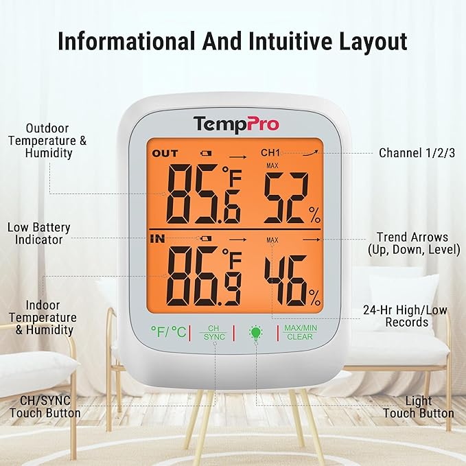 TempPro TP260B Indoor Outdoor Thermometer Wireless 1000FT Range, Digital - Image 5