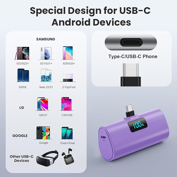 [2-Pack]Small Portable Charger 5200mAh, Upgraded PD USB C Power Bank Built-in USB-C Connector,LCD Display Battery Pack Compatible with iPhone 15/15 Plus/15 Pro/15 Pro Max/Samsung Android(Blue+Purple) - Image 2