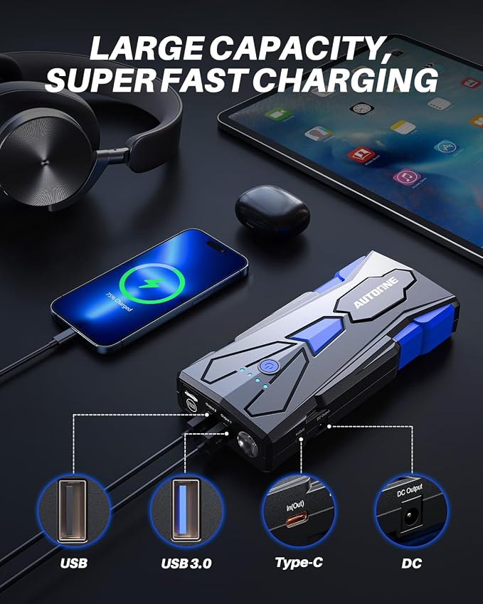 AUTOONE 6000A Car Battery Jump Starter Up to All Gas & 12L Diesel Engine, Car Battery Jumper Starter Portable 12V Jump Box with USB Output, Storage Case, LED Flashlight - Image 5