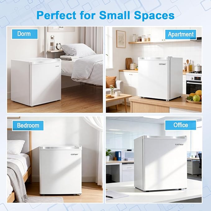 COSTWAY 1.7 Cu.Ft Mini Fridge with Compartment for Dorm Office Bedroom | Compact Small Refrigerator with Adjustable Thermostat, Reversible Single Door & Low Noise, for Drinks Fruits Snacks (White) - Image 9