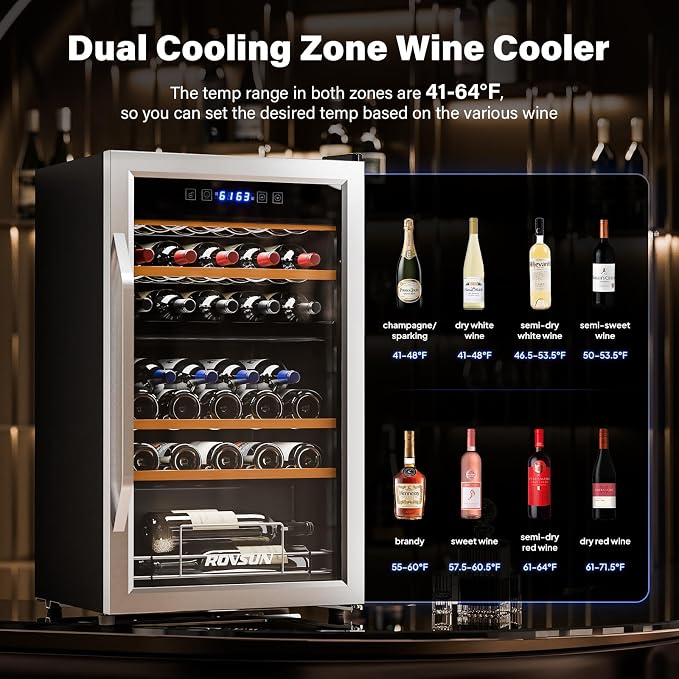 ROVSUN 33 Bottle Wine Fridge, Dual Zone Wine and Beverage Refrigerator with Independent Temp Control & LED Control Panel, Freestanding Wine Cooler Chiller for Red White Wine, Champagne, Beer - Image 2
