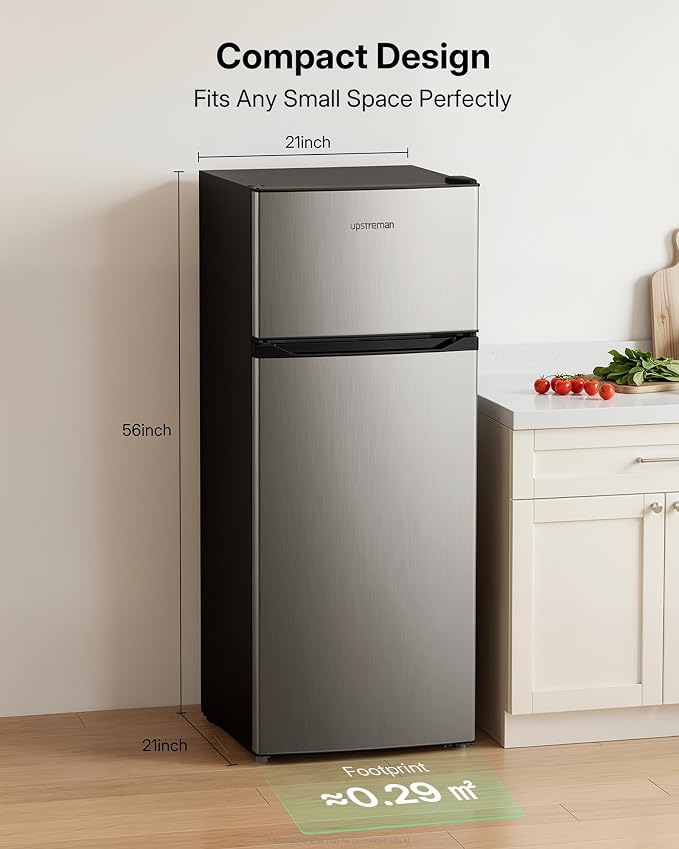 Upstreman 7.7 Cu.Ft. Refrigerator with Freezer Double Door Refrigerator | 7 Adjustable Thermostat, Large Capacity, Reversible Door Swing, Refrigerator for Apartment, Office, Dorm, Stainless (SD75) - Image 2