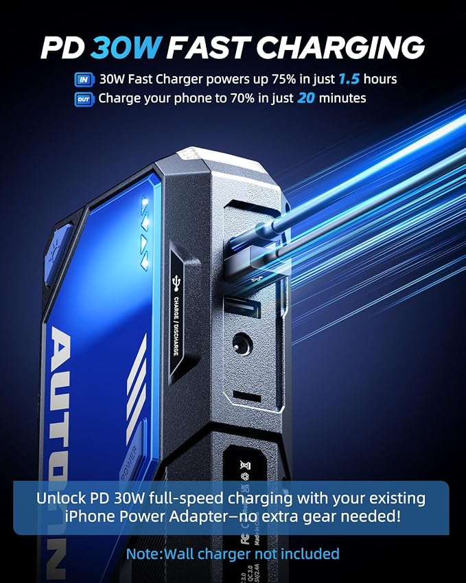 AUTOONE 10000A Car Jump Starter 24000mAh Car Battery Jumper Starter Portable 12V (All Gas/All Diesel) 168W DC Jump Box for Car Battery with Built-in Booster, Type-C Fast Charge Jump Pack - Image 3