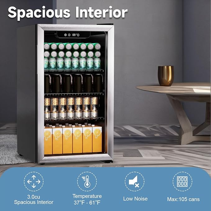 105 Can Mini Fridge, 3.0 Cu.Ft Beverage Refrigerator Glass Door | Compact Drink Fridge with Reversible Door for Soda Wine Beer, Small Cooler for Home Office Bar, Black(37-61 ℉) - Image 4