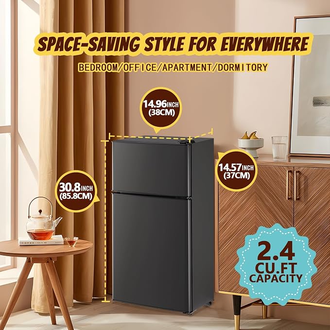 2.4 Cu.ft Mini Fridge with Freezer Dual Door Small Fridge Dark Gray | Bottom Drink Holder 2 Plastic Shelves 7 Temp Control - Image 7