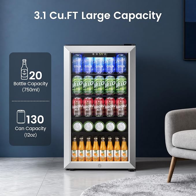 Electactic Mini Fridge 130 Can Lockable Beverage Refrigerator Cooler, 3.1 Cu.Ft Drink Fridge Silver Glass Door for Soda Wine Beer, Digital Temperature Control Cooler for Home,Bar - Image 2