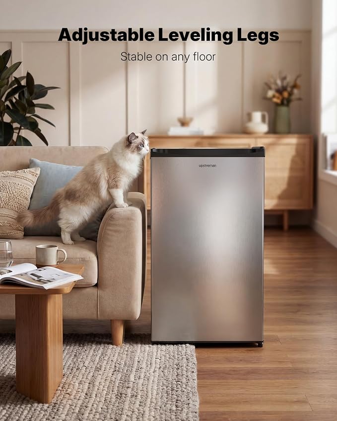 Upstreman 3.2 Cu.Ft Mini Fridge with Freezer, Stainless Steel-SR321 | Adjustable Thermostat, Energy Saving, Low Noise, Reversible Door, Small Refrigerator for Dorm, Bedroom, Office - Image 6