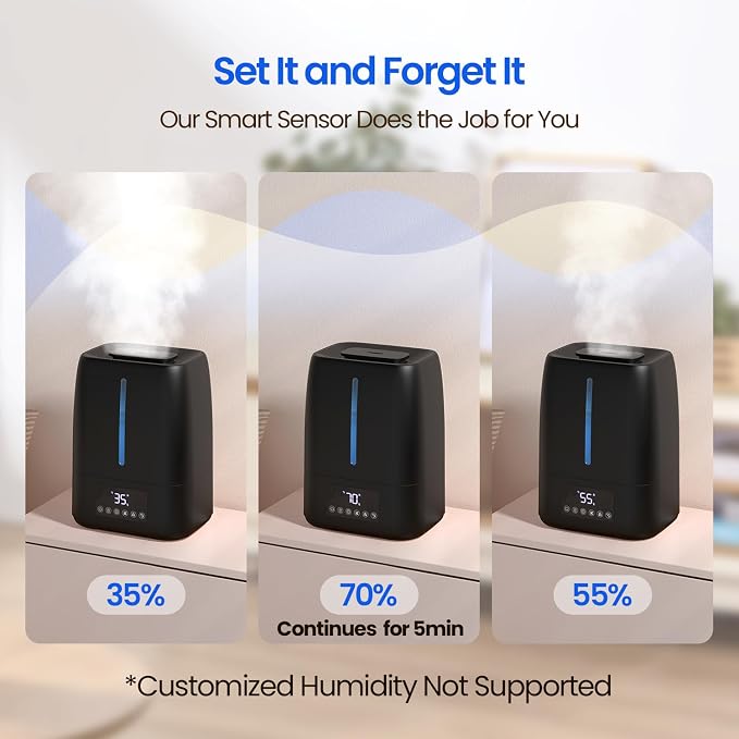 6L Top Fill Ultrasonic Humidifier - Cool and Warm Mist for Bedroom, Baby, Large Rooms & Plants, Smart Humidity Control, Aroma Diffuser, Night Light, 12H Timer, Quiet, Black - Image 5