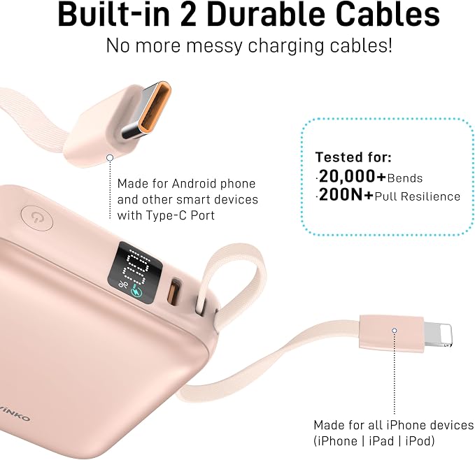 VINKO 10000mAh Power Bank Built-in Cables, Fast Charging with LED Display, Small Travel Battery Pack with Cords, Airplane Travel Essentials,Portable Phone Charger for iPhone 17 Smart Devcies(Pink) - Image 3