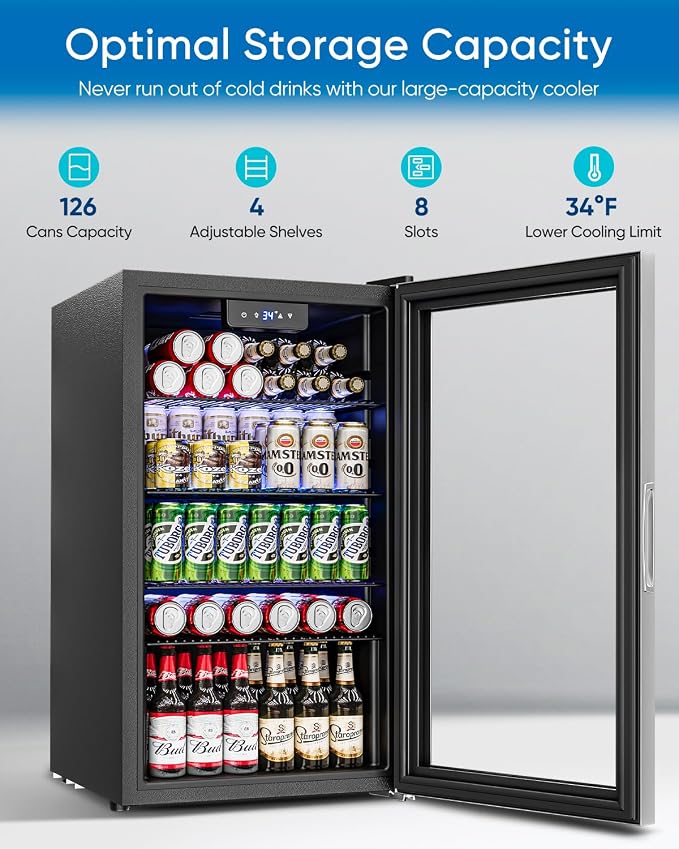 Feelfunn 3.2 Cu.Ft Mini Fridge with Glass Door - 126 Can Beverage Refrigerator Cooler for Drink Beer Wine Soda, Small Refrigerator for Bedroom Office Bar Dorm, 4 Adjustable Shelves, Silver - Image 2