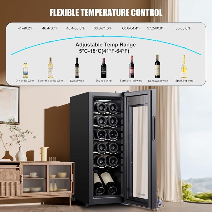 12 Bottle Mini Wine Fridge with Lock, Freestanding Compressor Wine Cooler Refrigerator, 10.7 Inch Wide Compact Wine Chiller with Glass Door, 41°F-64°F Digital Temperature Control, Black - Image 4