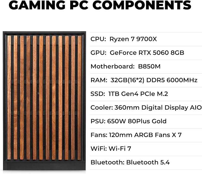 KOTIN Prebuilt Gaming PC, Ryzen 7 9700X, 32GB DDR5, RTX 5060 8GB, 1TB SSD | 360mm Liquid Cooled Gaming Desktop, 11.3in Smart Display, 650W 80+ Gold PSU, WiFi 7, Assembled in USA, Windows 11 ARGB Tower - Image 3