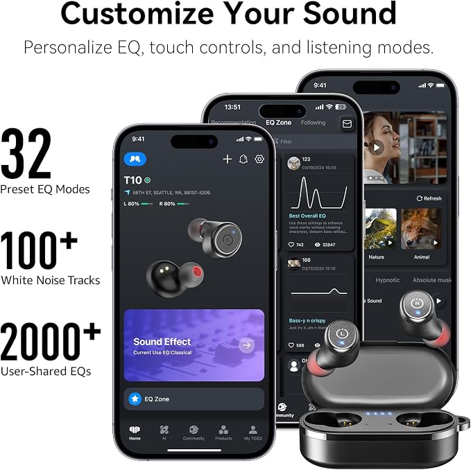 TOZO T10 Wireless Earbuds Powerful Bass Stereo Wireless Charging, APP, IPX8 | Waterproof, 55H Playtime, Ergonomic Design In Ear buds, App Customize EQ, Bluetooth 5.3 Headphones for Work, Travel, Black - Image 6