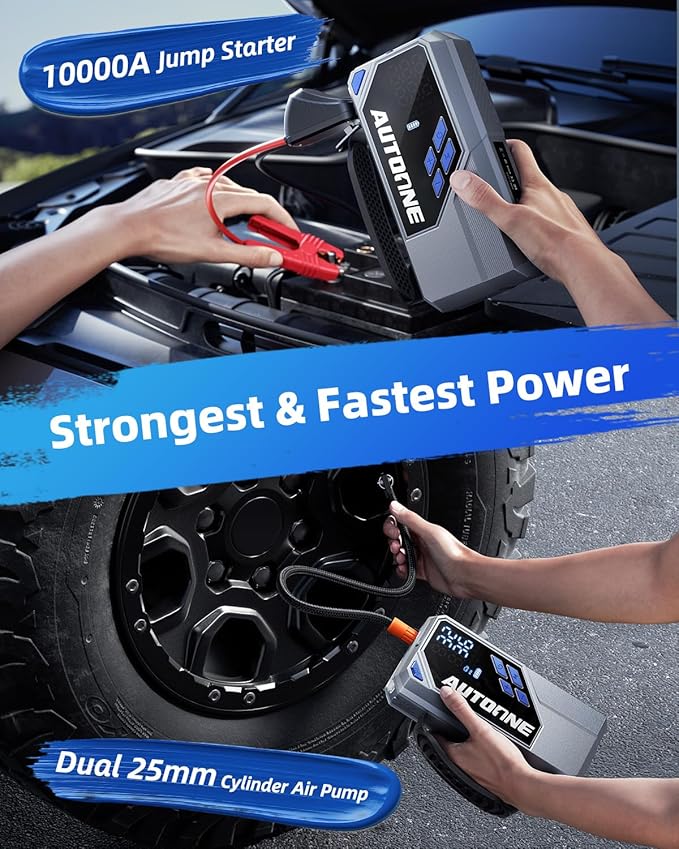AUTOONE 10000A Jump Starter with Air Compressor, 24000mAh Jump Box with Tire Inflator (All Gas & Diesel) Portable Car Battery Booster Jumper Starter Pack, Jumper Cables, Type C, 60W Charging, Light - Image 2