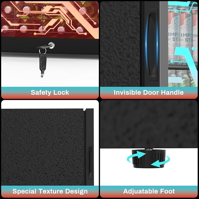 Velivi Gaming Light Up Glass Door Beverage Refrigertor, 3.2 Cu Ft Gaming Mini Fridge with Led RGB Lights Lockable Mini Fridge For Soda Beer, Drink Cooler Cyberpunk Gaming Rooms Bar Home Party | 3.2 Cu Ft Mini Fridge with Led RGB Lights for Soda Beer, D... - Image 7