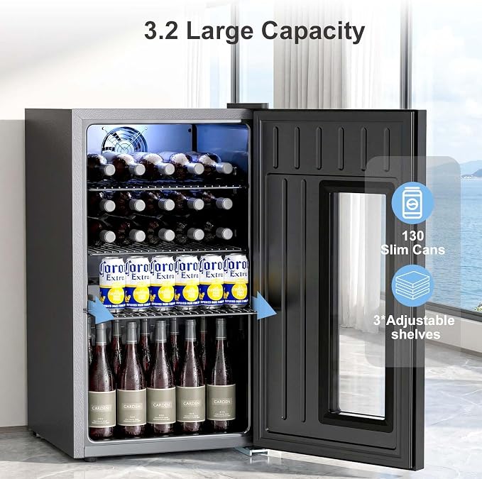 Antarctic Star Auto Defrost Beverage Refrigerator, 130 Can Mini Fridge with Glass Door &Adjustable Shelves, 21-50°F Temp Control,Beverage Cooler for Soda, Beer, Wine, Home Bar, Office, 3.2 Cu.Ft - Image 2