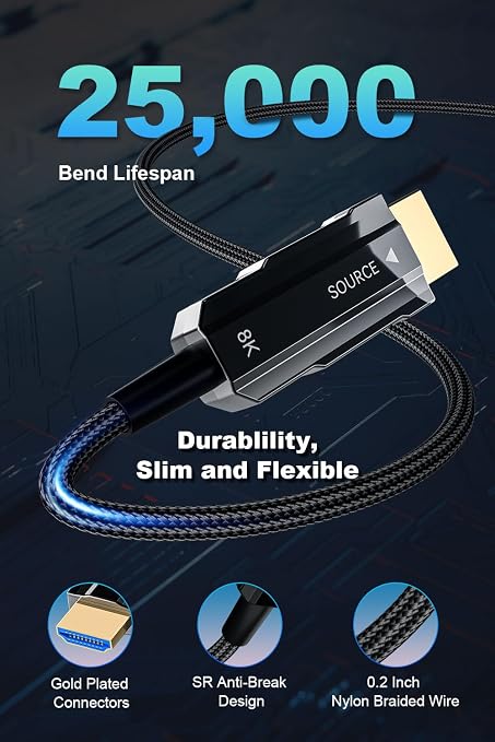 8K HDMI 2.1 Cable 10ft, Fiber Optic HDMI Cable Braided Cord, High Speed Active - Image 8