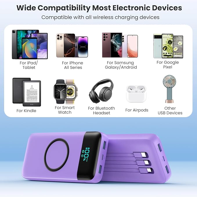 Wireless Portable Charger 40800mAh for iPhone with 3 Built-in Cables,7-in-1 15W Wireless Charging USB C Power Bank,25W PD Fast Charging Travel Essential Battery Pack for iPhone 17/16/15,Android-Purple - Image 7