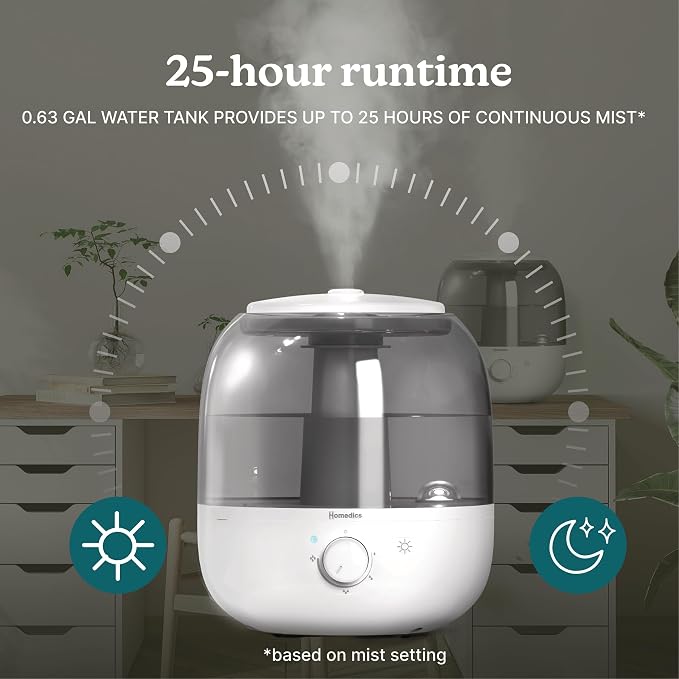 Homedics Ultrasonic Top Fill Humidifier, Cool Mist, 360° Nozzle, Up to 25 Hour Runtime, for Large Room, Bedroom, Nursery, Plants - Image 6