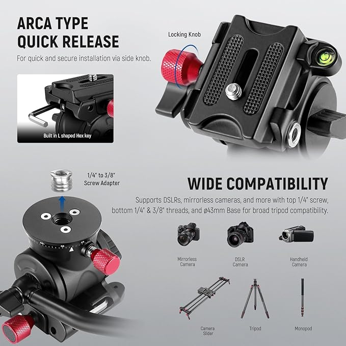 NEEWER Fluid Tripod Head with Handle & Arca Type Quick Release, Aluminum Alloy - Image 5