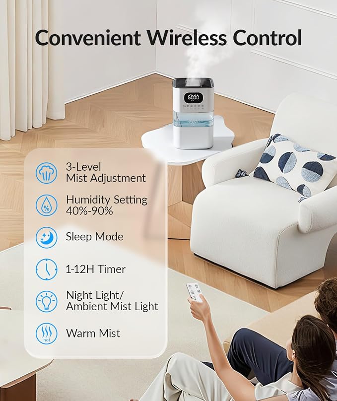 AreShark Humidifier Large Room, 2.2 Gal/8.5L Cool Warm Mist Air Humidifiers for Bedroom, 65H Runtime, Humidity Setting, Easy to Clean, Top Fill, 30dB Quiet, 550ft² Coverage, for Plants, Adults, Kids - Image 7