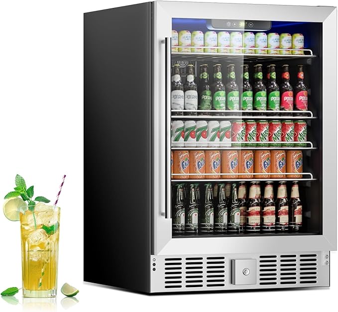 Stopasd Beverage Refrigerator Cooler, 5.3 Cu.Ft/166 Can Drink Fridge with Adjustable Shelves & Glass Door for Soda Wine Beer, Quiet Undercounter Small Fridge for Home/Office/Bar/Garage(37-61 ℉),Sliver by Stopsad