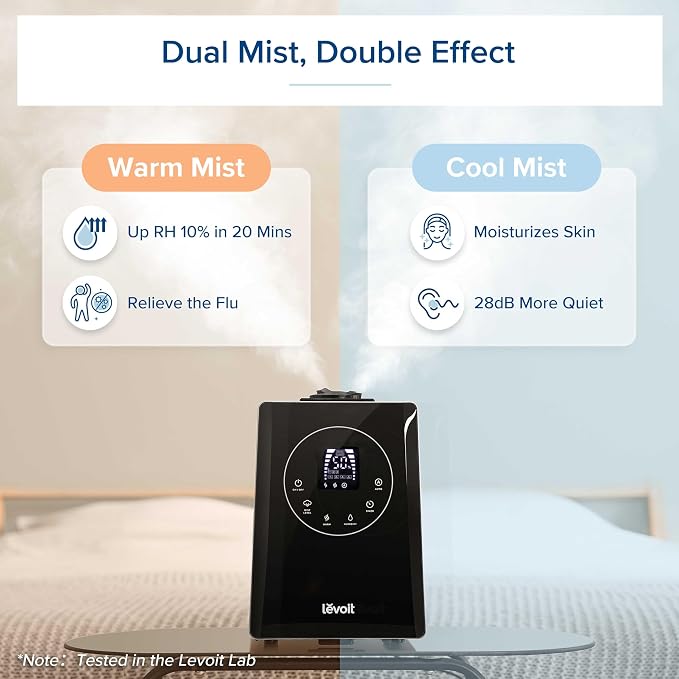 LEVOIT LV600HH 6L Warm and Cool Mist Ultrasonic Humidifier, Rapid Humidification for Bedroom Large Room, Essential Oil Diffuser, Humidity Setting with Built-in Sensor, Auto Mode, Timer, Remote Control - Image 3