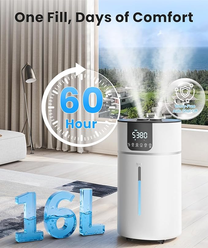 AreShark 4.2 Gal/16L Humidifier Large Room, Cool Warm Mist 2000ft² Whole House Air Humidifiers for Bedroom, Plants, Adults, 60H Runtime, Humidity Setting, Easy to Clean, Top Fill, Extension Tube - Image 3