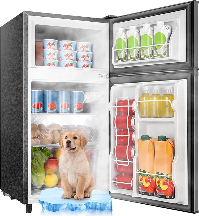 3.5 Cu.Ft Grey Mini Fridge With Freezer Compact Refrigerator for Dorm | Freestanding Fridge with 7 Level Adjustable Thermostat, Removable Shelves, Fast Cooling, Low Consumption by WANAI%C2%AE