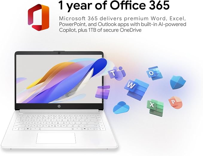 HP 14" Laptop · Microsoft 365 Included · 576GB Storage (64GB + 512GB SD) · 4GB RAM · HD Display · 12-Hour Battery · WiFi · Bluetooth · Windows 11 White - Image 4