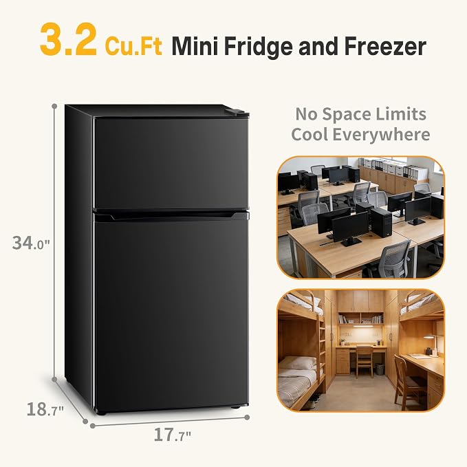 NEWBULIG Mini Fridge with Freezer, 3.2 Cu.Ft Fridge for Small Space, Black | Double Door Compact Refrigerator, 7-Level Thermostat, 41 dB Quiet, 0.8 kWh Daily, Dorm, Office, Apartment - Image 7