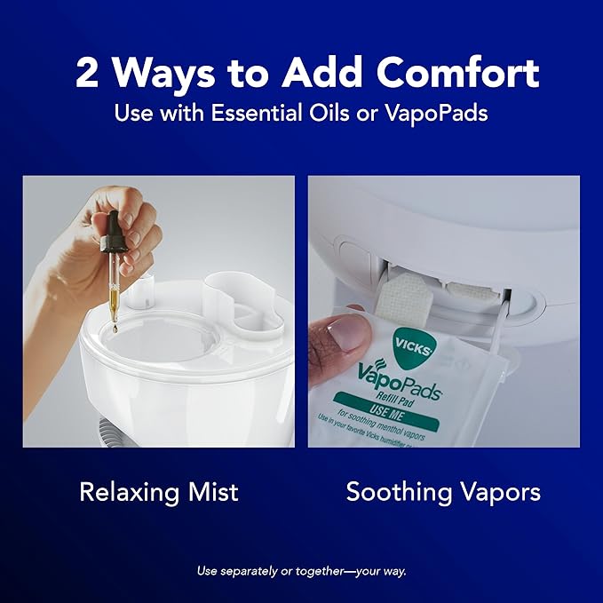 Vicks NaturalCare Cool Mist Ultrasonic Humidifier, Small Room Humidifier for Bedroom, Diffuser with Nighttime Light, Works with Vicks VapoPads, White - Image 6