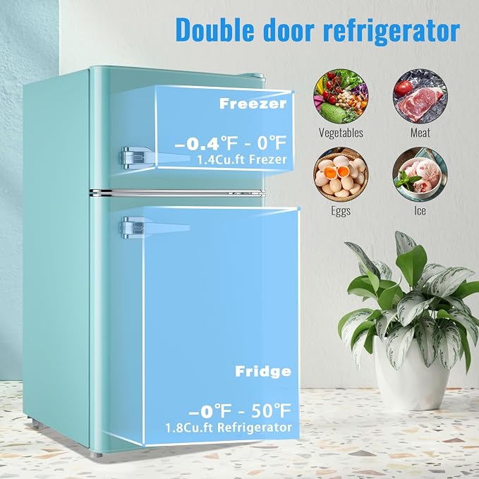 3.5 Cu.Ft Retro Mini Fridge with Handle Compact Refrigerator Blue | Dual Door Refrigerator with Freezer 7 Gears Temperature Control Ideal for Bedroom Dorm Office - Image 4