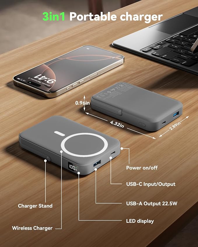 Magnetic Power Bank 10000mAh with for MagSafe Charging,PD 22.5W Fast Charge,Foldable Stand,Dual USB Output,LED Display (Space Gray) - Image 8