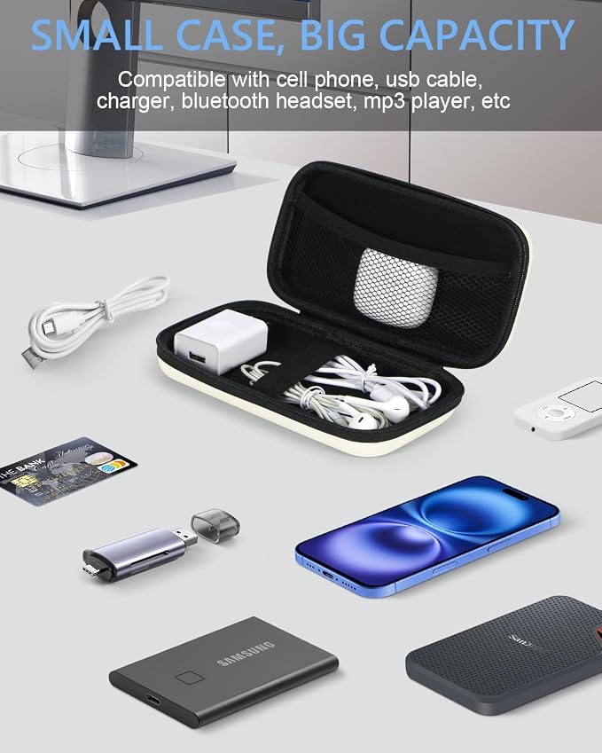 Off White Small Travel Electronic Organizer Case - Universal Hard Carrying Case Portable Storage Pouch Bag for Tech Accessories, Cable, Cord, MP3 Players, Card, Car Key Cash, SD Card - Image 3