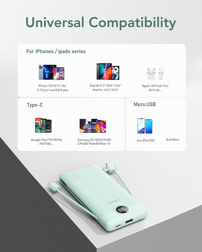 VEGER Portable Charger with Built-in AC Plug and Cables, All in One 10000mAh Ultra Slim Power Bank Travel Essentials, Fast Charging Battery Pack Compatible with iPhone, Samsung, Android (Green) - Image 6