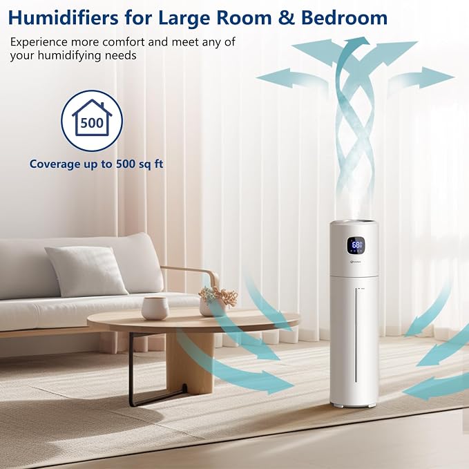 Large Humidifiers for Bedroom, 9L/2.5Gal Ultrasonic Cool Mist, Top Fill Easy Clean with 350ML/H Mist Speed, Quiet, Suitable for Kids Room Plant Yoga Office Study Room Living (White, Round) - Image 4