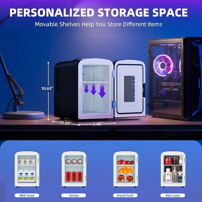 Antarctic Star Mini Fridge 4 Liter/6 Cans Portable Mini Compact Refrigerator with Gaming Light, for Bedroom,Car,Office and Dorm, Small Cooler for Cosmetics, Beverage and Food, Black - Image 2
