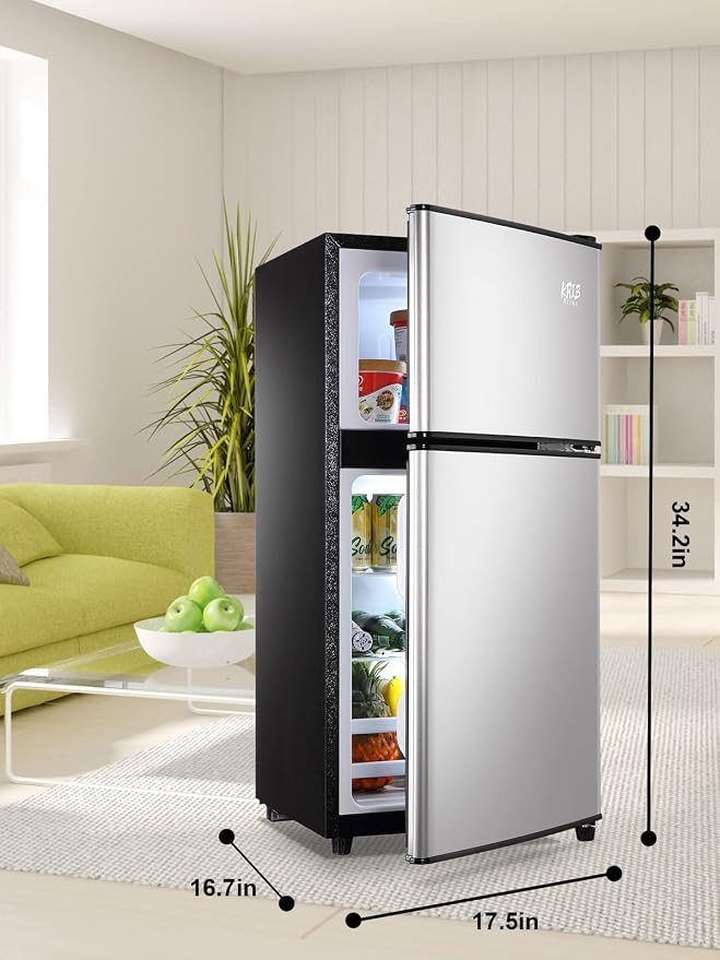 Mini Fridge With Freezer,3.5 Cu. Ft Compact Refrigerator With 2 Doors,7- Level Adjustable Thermostat, Removable Glass Shelves For Bedroom, Office, Kitchen, Apartment, Dorm, Silver - Image 3