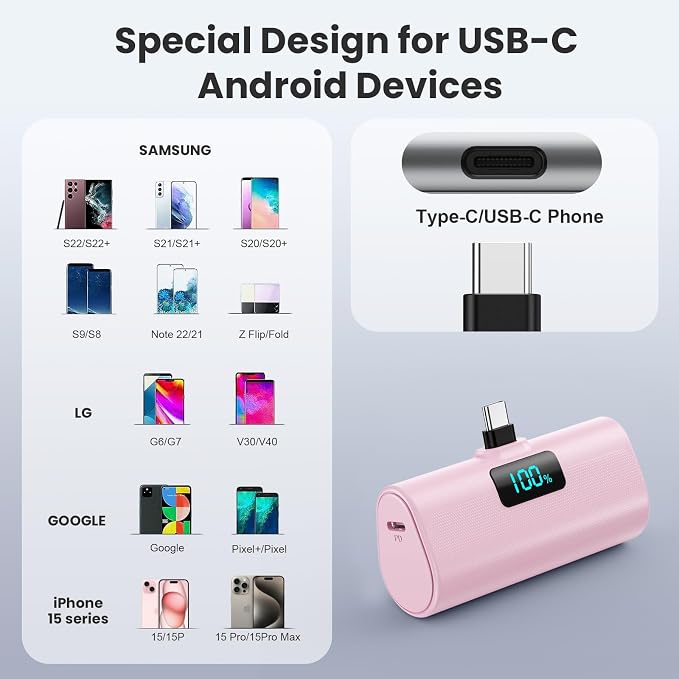 [2-Pack]Small Portable Charger 5200mAh, Upgraded PD USB C Power Bank Built-in USB-C Connector,LCD Display Battery Pack Compatible with iPhone 15/15 Plus/15 Pro/15 Pro Max/Samsung Android(Pink+Purple) - Image 5