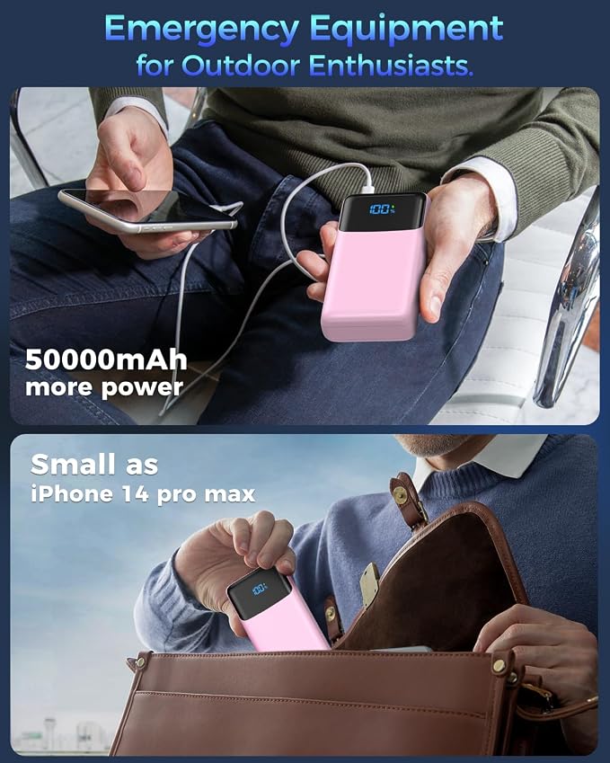 Portable Charger 50000mAh Power Bank, High Capacity External Battery Pack for Camping, USB-C PD 30W Fast Charging Portable Phone Charger for iPhone 17/16/15/14/13/12/11 Samsung Android (Pink) - Image 6