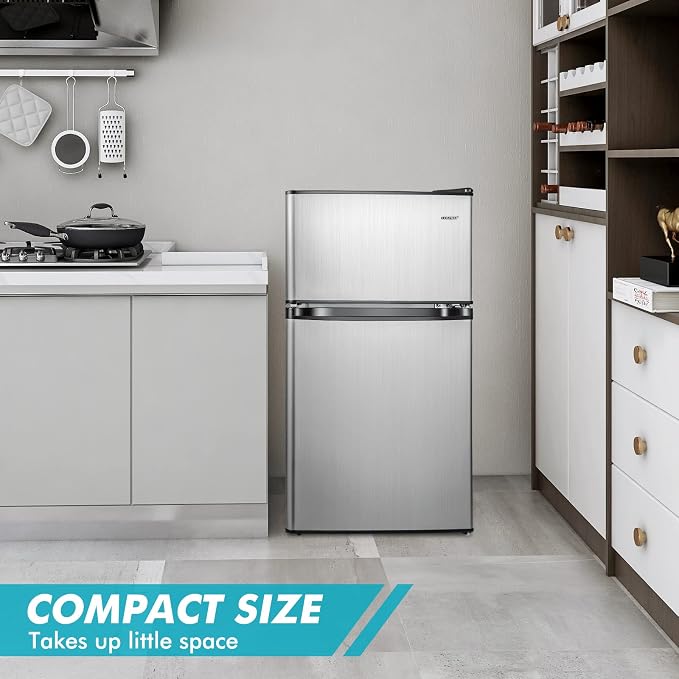COSTWAY 3.2 Cu.Ft. Mini Fridge with Freezer, 2 Door for Office Bedroom Dorm | Compact Small Refrigerator with Reversible 2 Door, Adjustable Thermostat, Removable Glass Shelves for Food & Drink, Silver - Image 2