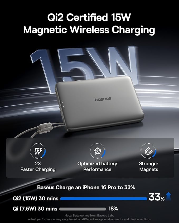 Baseus Picogo Qi2 15W Magsafe Portable Charger, 0.5" Ultra Slim 10000mAh Wireless Power Bank with 27W Built-in USB-C Cable, Magnetic Battery Pack for iPhone 17 Pro Max/17 Pro/Air/16/15/14/13/12 - Image 3