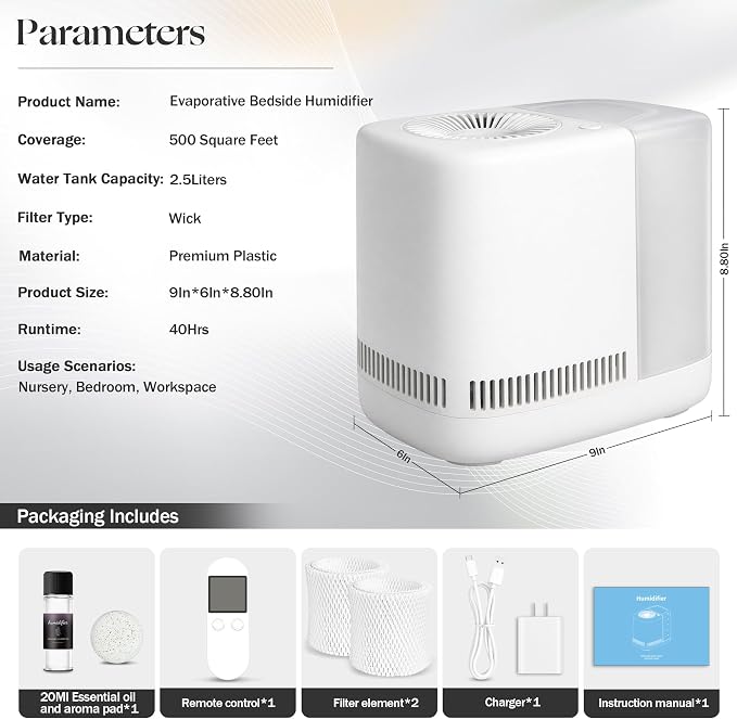 Evaporative Humidifier for Bedroom (No Mist) – Dishwasher Safe, No White Dust, Smart Remote with Sensor, Red Sleep Light, White Noise, Nursery Humidifier with 2.5L Tank, 2 Filters & Aroma Kit - Image 7